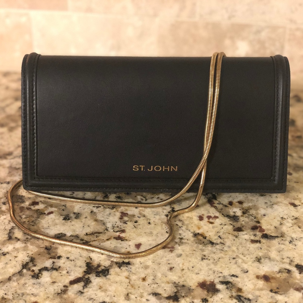 NEW St. John Black Leather Clutch/Purse